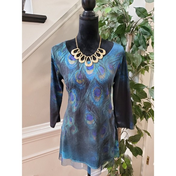Indigo Soul Women's Multicolor Peacock Round Neck Long Sleeve Top Blouse Small - Picture 1 of 12